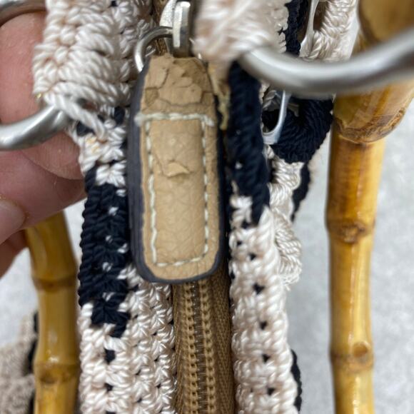 Handmade Crocheted Aluminum Soda Pop Top Bamboo Handles Purse Handbag Tan Black - Picture 8 of 12